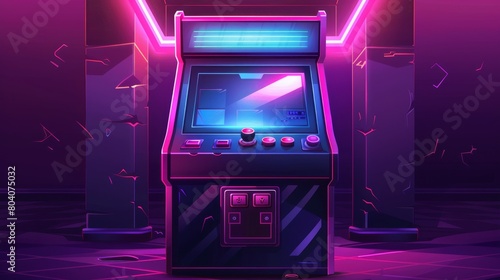 Gamer interface with text element flyer design set. Retro arcade video game screen machine background. Vintage 80s computer console poster with joystick button template. Isolated graphic photo