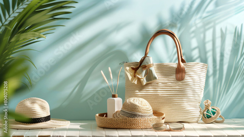 Beach bag and accessories on table against light background © Little