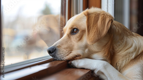 A dog is looking out the window with its head tilted