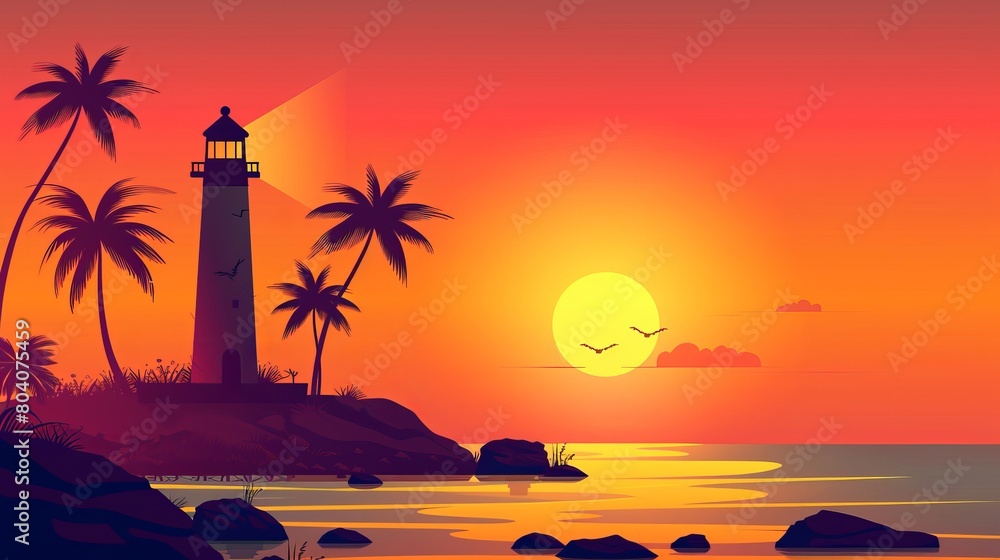 The island sea coast with lighthouse is shown on a sunset background with a pink sky above and yellow sunbeams. The background is a peaceful seashore landscape in the evening.