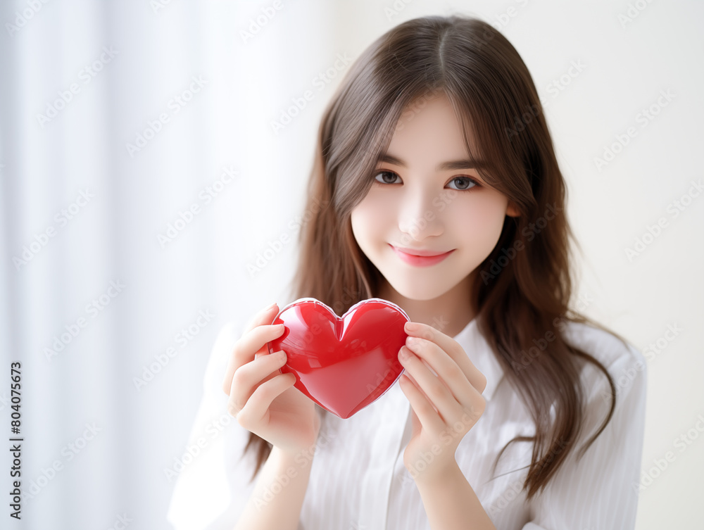 ハートを持つ笑顔の女性