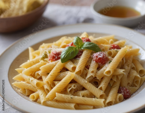 Un capolavoro di cucina italiana: la pasta si adagia nel piatto come un'opera d'arte pronta a essere gustata. photo