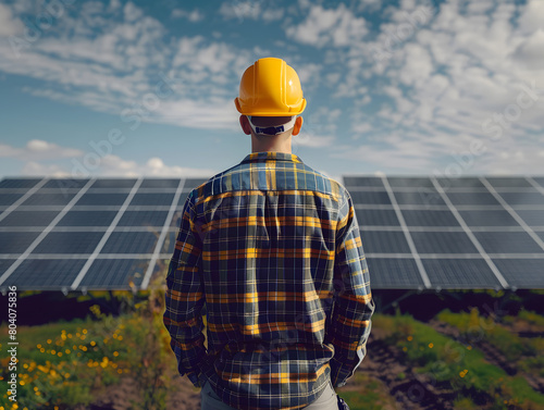 Professional engineer working at solar panels and solar power generating station. Clean renewable energy technologies. Photovoltaic power station concept