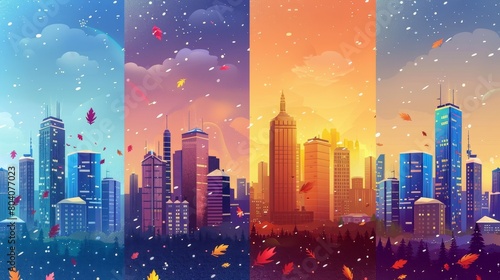 In four different weather seasons, a cartoon city downtown landscape shows skyscrapers in different weather conditions: sunny day, winter snowfall, thunder storm with rain and lightning, windy day.
