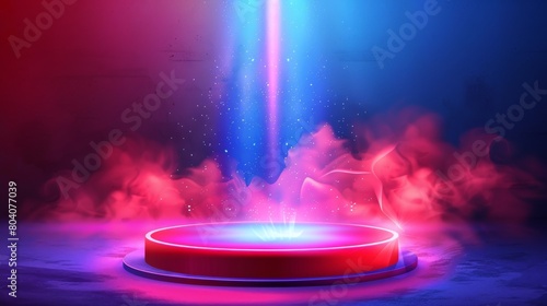 Neon neon game portal with red platform, glowing rays, and smoke. Fantastic time-travel technology. photo