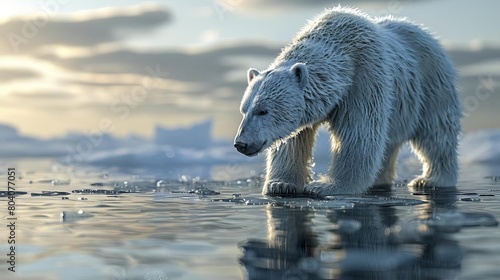Arctic Melt Capture a polar bear navigating shrinking ice caps in the Arctic, symbolizing the threat of melting glaciers due to global warming