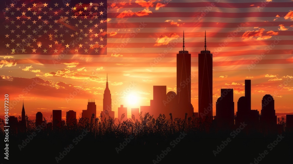 Naklejka premium Memorial Day New York City skyline at sunset with an American flag waving in the foreground.