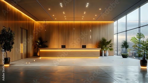 Modern Office Reception Area with Natural Light and Warm Lighting