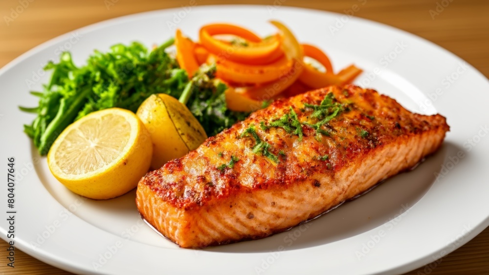 Deliciously grilled salmon with a vibrant side of lemon and vegetables Deliciously grilled salmon with a vibrant side of lemon and vegetables