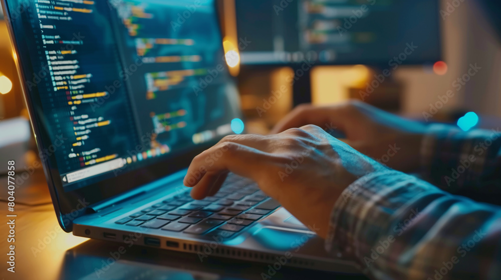 A man is typing on a laptop computer. The screen is filled with code and the man's fingers are moving across the keyboard. Concept of focus and concentration as the man works on his computer A man is typing on a laptop computer. The screen is filled with code and the man's fingers are moving across the keyboard. Concept of focus and concentration as the man works on his computer