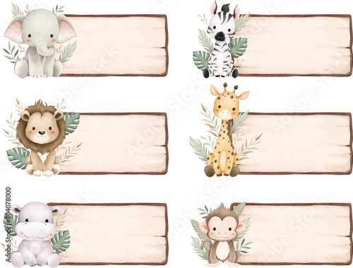 Watercolor Illustration Set of Safari Animals and Wooden Board