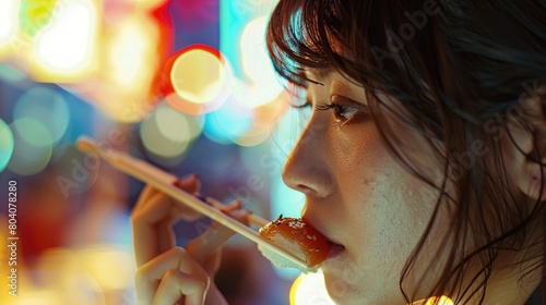 A woman with black hair is holding a tray of sushi  smiling with raised eyebrows and long eyelashes. Her facial expression exudes happiness and cool confidence  enjoying a leisurely and fun moment