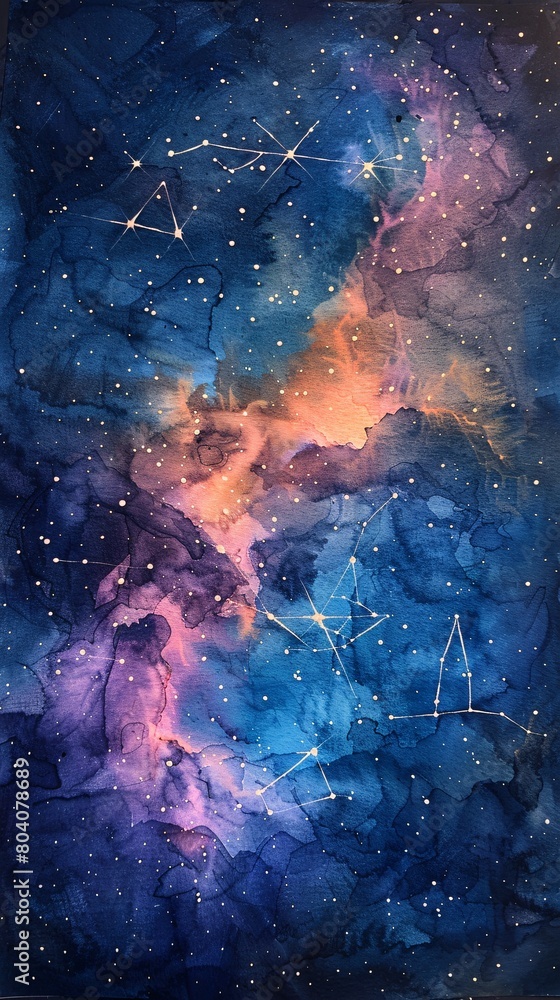 a beautiful watercolor painting of space, featuring stars and the Scorpio constellation. Utilize watercolor paper texture for added depth and authenticity.