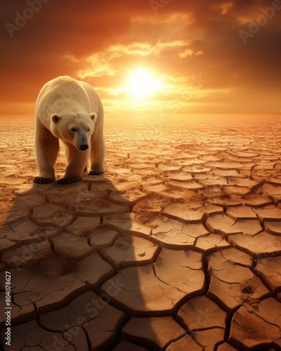 Polar bear walking on cracked earth. Climate change  global warming concept.