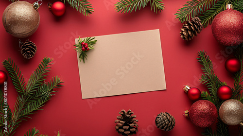 Beautiful Christmas decorations with empty card on color
