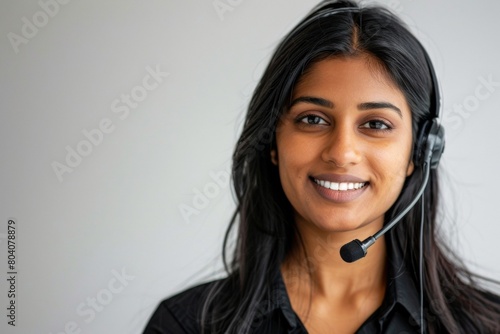 Female Indian Call Center Employee in Black Uniform, White Background - Corporate Services, Customer Care, Global Operations