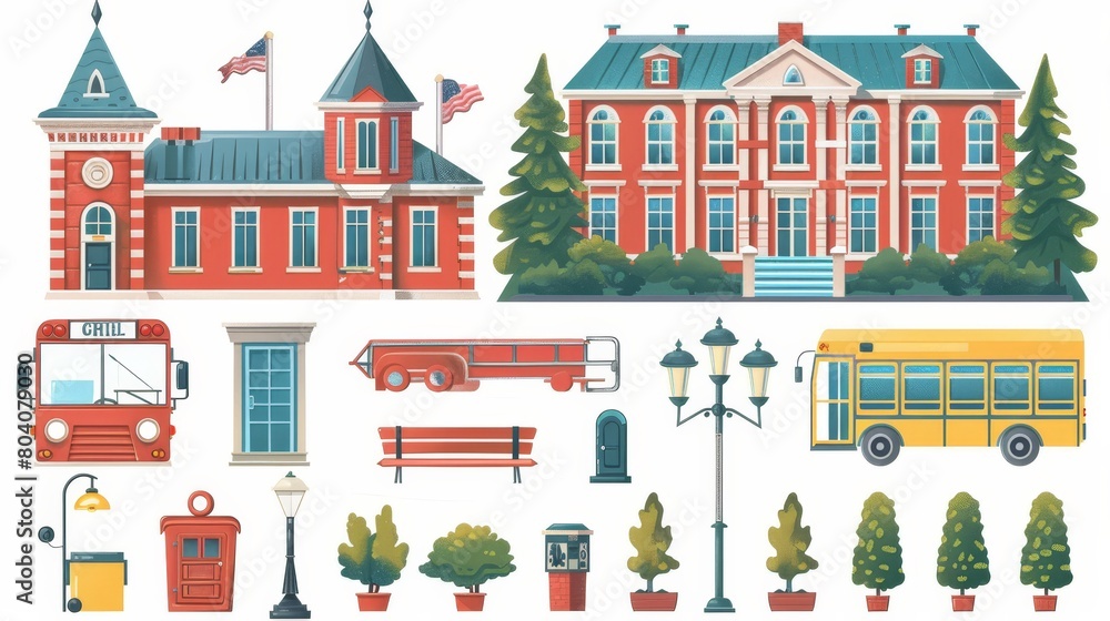 The exterior of a high school is illustrated with red walls, yellow buses, benches, streetlight lanterns, flags, plants, and trees. It depicts a schoolhouse outside with red walls and yellow buses.
