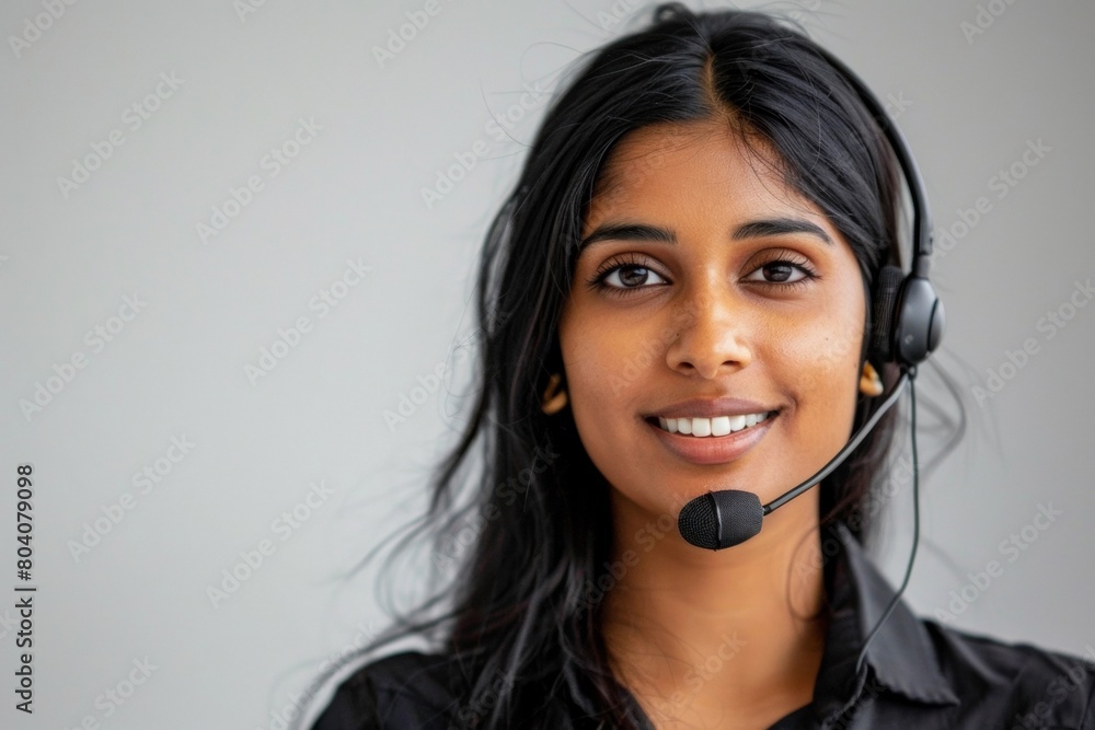 Female Indian Call Center Employee in Black Uniform, White Background - Corporate Services, Customer Care, Global Operations Female Indian Call Center Employee in Black Uniform, White Background - Corporate Services, Customer Care, Global Operations