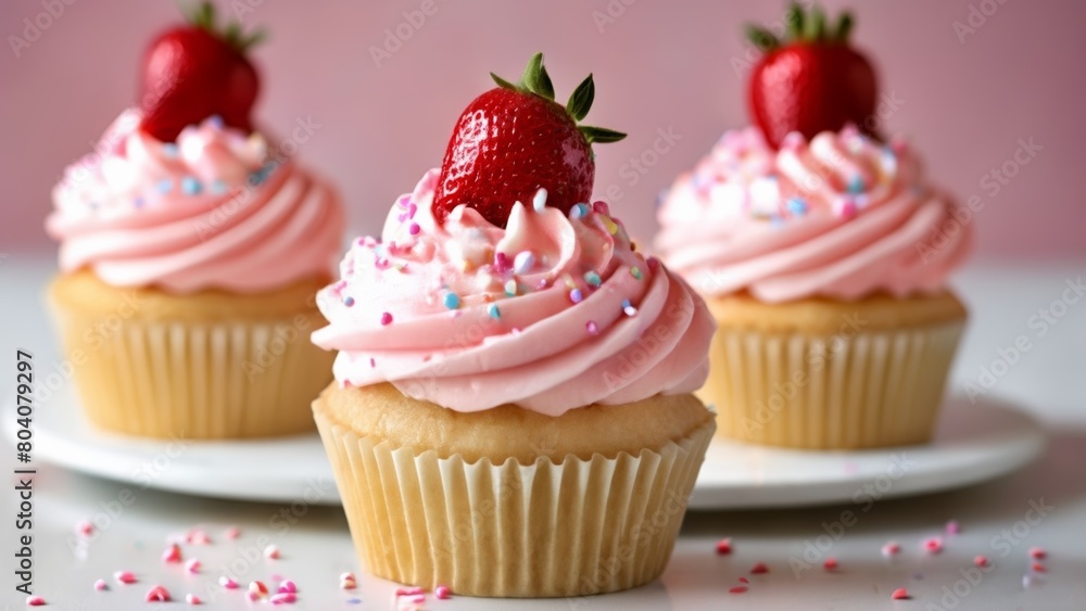 Deliciously sweet strawberry cupcakes ready to be enjoyed Deliciously sweet strawberry cupcakes ready to be enjoyed