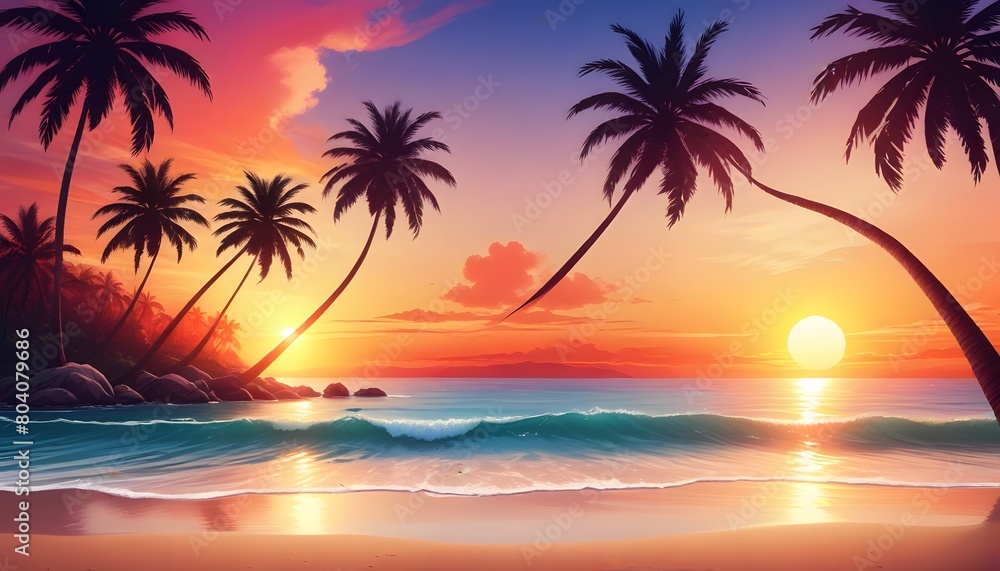 Vector illustration of tropical beach in daytime. Hand-painted watercolor background. Vector illustration of tropical beach in daytime. Hand-painted watercolor background.