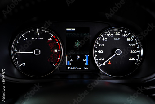 car​ instrument panel, car​ speed motor of​ night, car​ dashboard​ modern​ automobile control​illuminated panel​ speed display. 