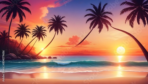 Vector illustration of tropical beach in daytime. Hand-painted watercolor background.