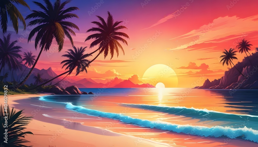 Vector illustration of tropical beach in daytime. Hand-painted watercolor background.