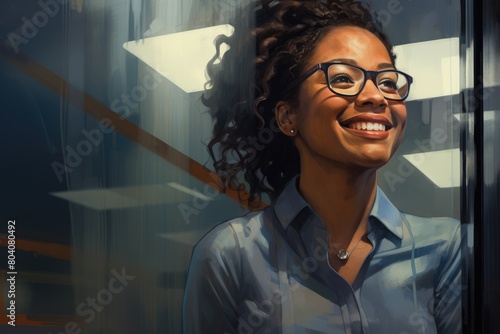 Happy black woman wearing glasses. Office employee. Smiling woman in formal clothes photo