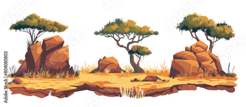 A cartoon drawing of a desert landscape with a few trees and rocks