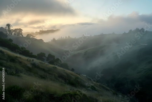 First light of day breaking over a foggy hillside.