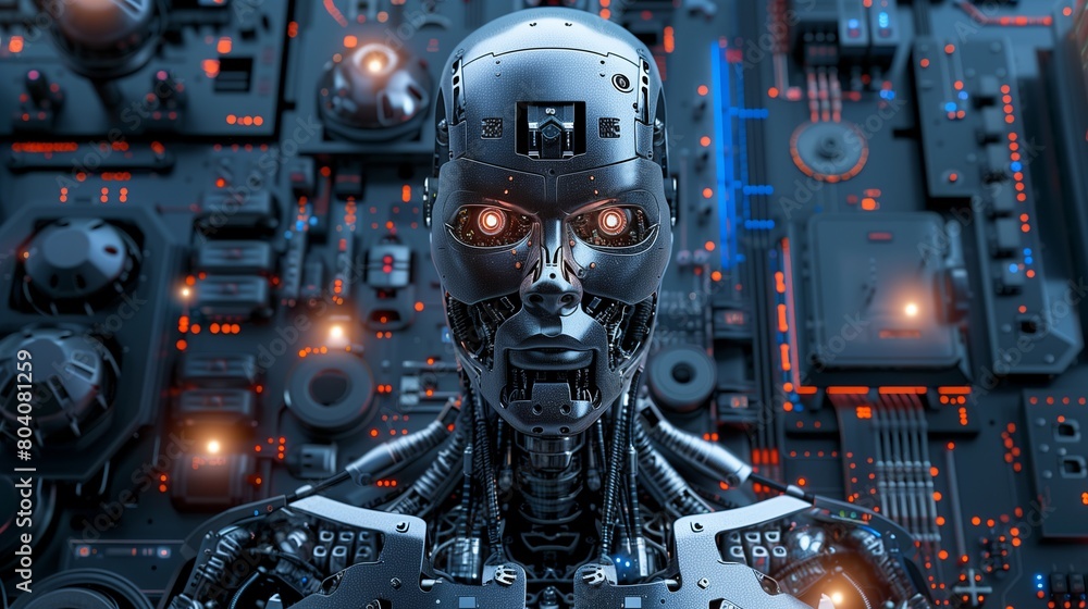 Portrait of a cyborg with red eyes on a dark background with different lighting. Portrait of a cyborg with red eyes on a dark background with different lighting.