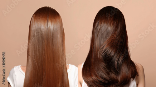 Before and after hair straightening transformation on a light-colored background