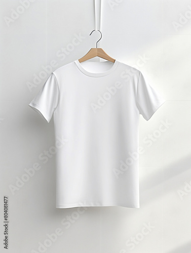 A hanging white t-shirt positioned for mockup design, showcasing its high resolution and high quality fabric, with a subtle shadow effect. The white t-shirt is displayed against a white backdrop.