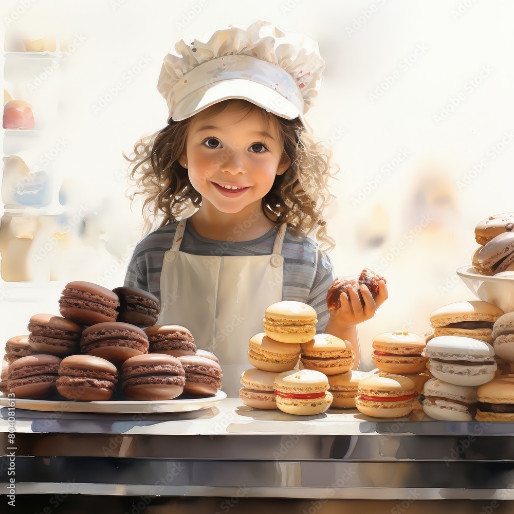 Cheerful child chef presenting a plate of assorted macarons in a sunlit bakery Cheerful child chef presenting a plate of assorted macarons in a sunlit bakery
