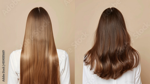 Before and after hair straightening transformation on a light-colored background