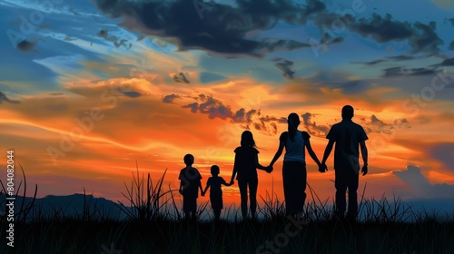 Family Silhouette Against Sunset Sky