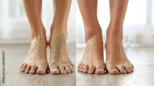 Before and after peeling, women's feet are shown in a white, isolated setting. © Mehran