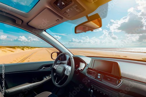 Stunning view from car front seat on a sandy beach with a sunny sky. Travel vacation concept.