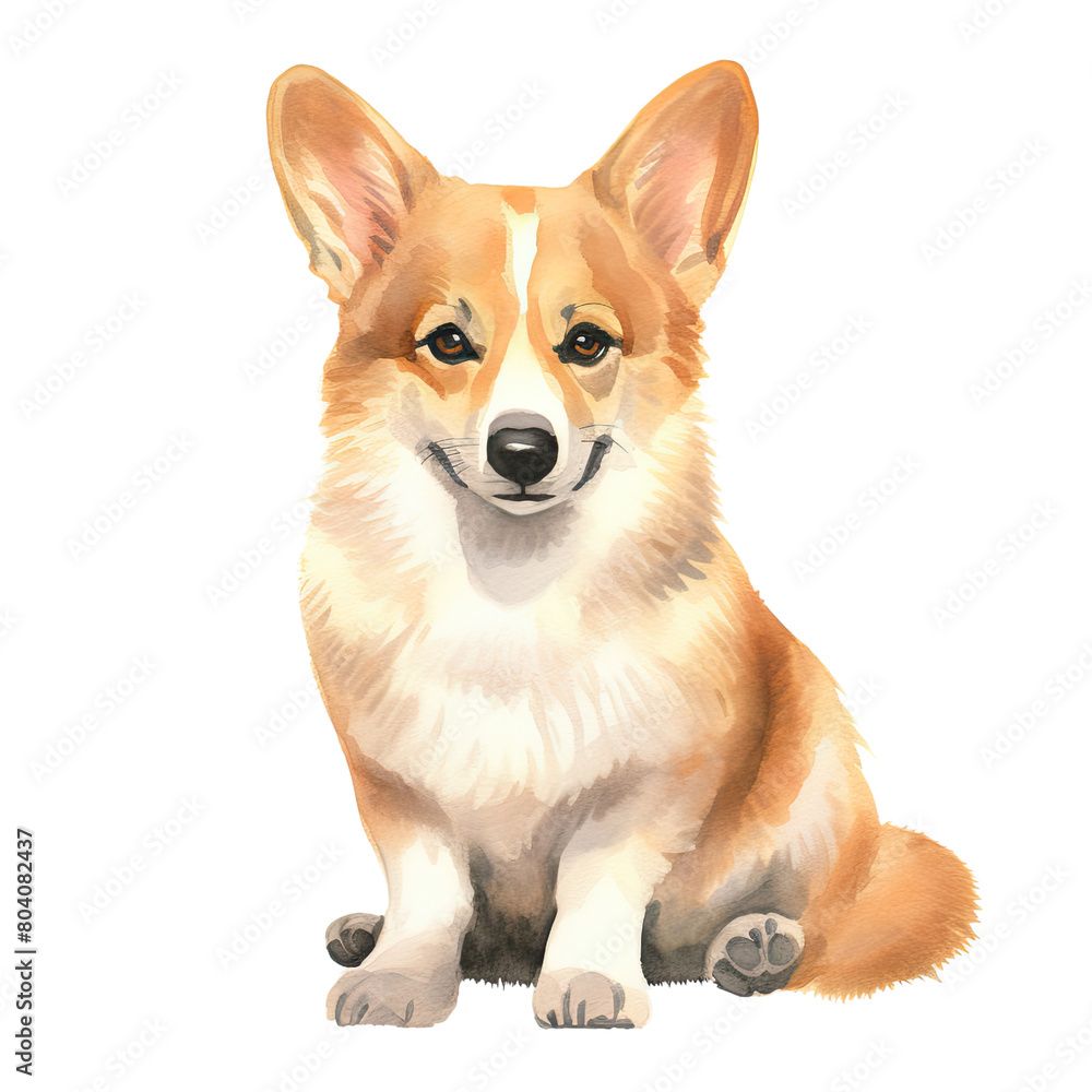 AI-Generated Watercolor Cute Corgi Clip Art Illustration. Isolated elements on a white background.