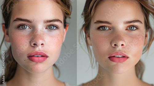 Before and after shots of a young woman who had her lips plumped up.