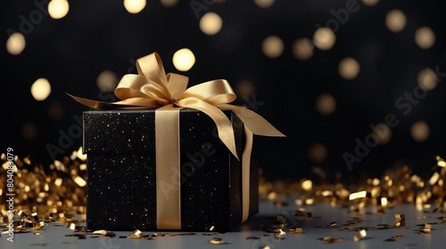 Black gift box with golden ribbon and gold glitter for black friday super sale banner background.