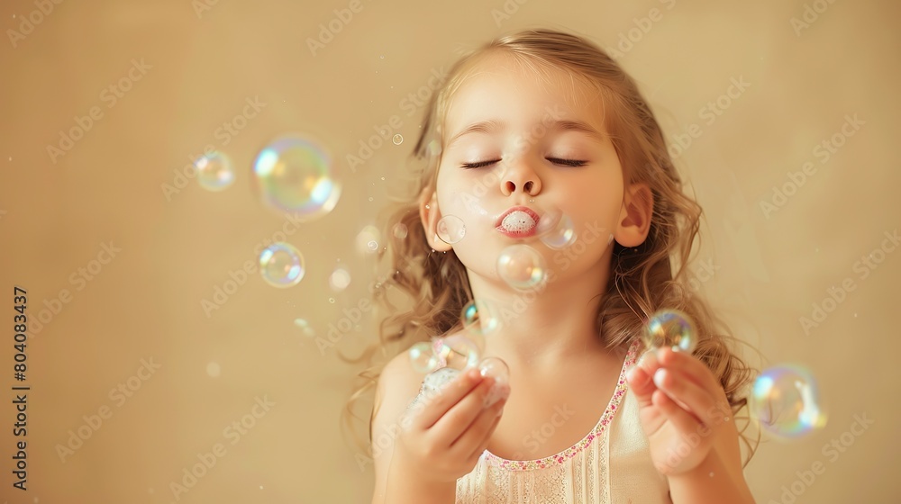 Cute little girl blowing soap bubbles on beige background. copy space for text.