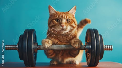 Fitness cat lifting a heavy big dumbbell. Generative AI © Hokmiran