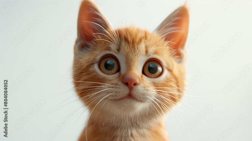 An orange kitten looking directly at the viewer with curious, wide eyes.