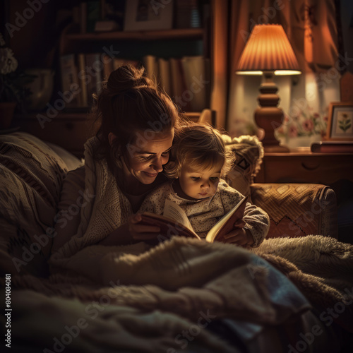 Mother and child reading a book in a cozy living room