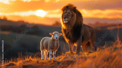 A lion and lamb standing together on the hillside, sunset background, majestic look of both animals,Generative AI illustration.