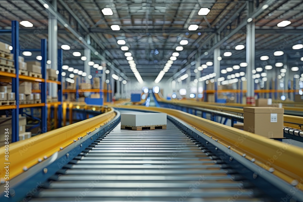 A conveyor belt in a large warehouse transporting products seamlessly across the factory floor. Generative AI