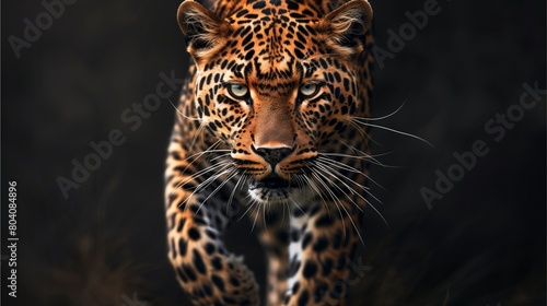 Front view of a roaring leopard walking towards the camera,Generative AI illustration.