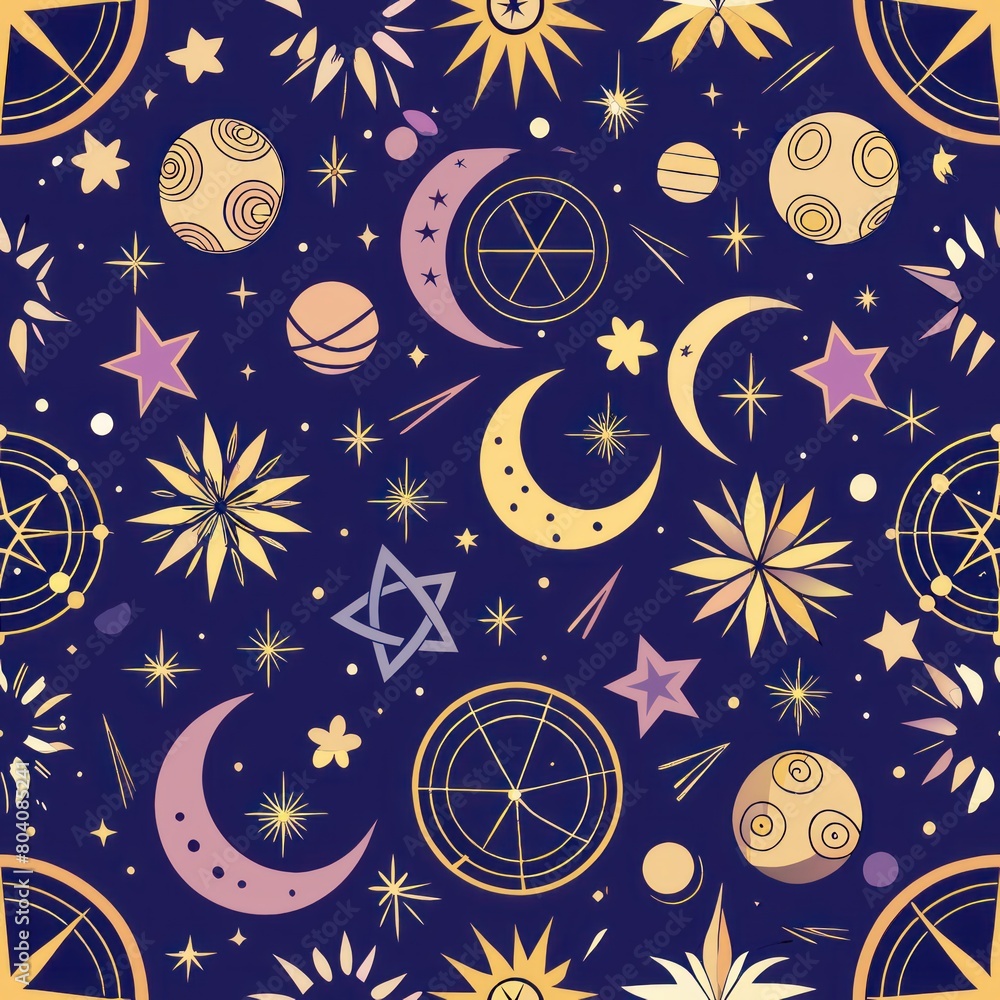 Seamless pattern of celestial elements like stars and moons intertwined with zodiac symbols, Generative AI Seamless pattern of celestial elements like stars and moons intertwined with zodiac symbols, Generative AI