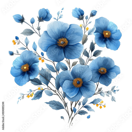 Watercolor painted set of blue and emerald flowers of hydrangea. Vector traced floral collection isolated.